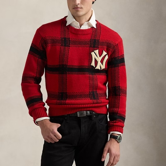 Polo Ralph Lauren Red Wool Blend Yankees Plaid Sweater - Picture 1 of 15